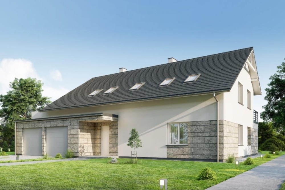 Projekt domu Clastra tech. DM-6750 tech., jednorodzinny dwulokalowy parterowy z poddaszem mieszkalnym, niepodpiwniczony, z garażem dwustanowiskowym - kolorystyka wersja 2