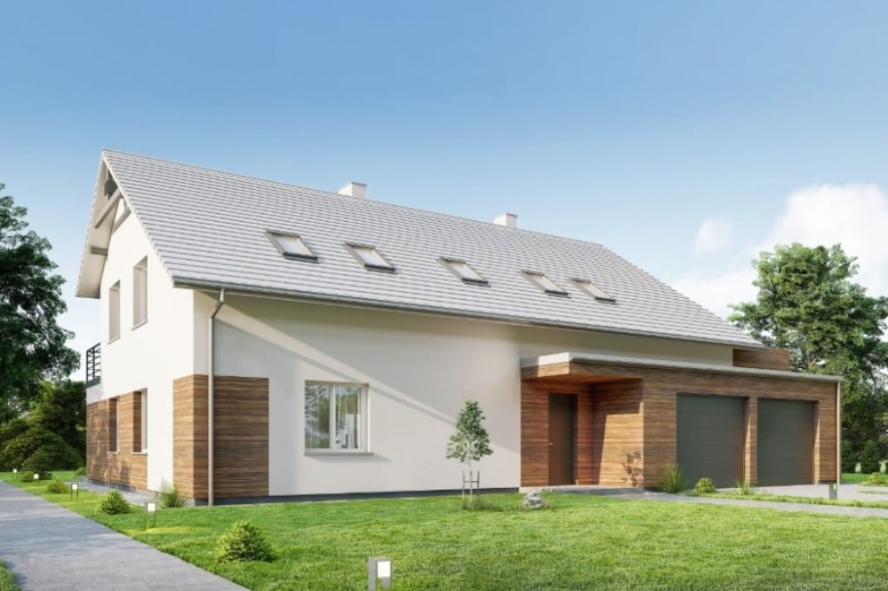 Projekt domu Clastra 2 tech. L-6750 tech., jednorodzinny dwulokalowy parterowy z poddaszem mieszkalnym, niepodpiwniczony, z garażem dwustanowiskowym - kolorystyka wersja 3