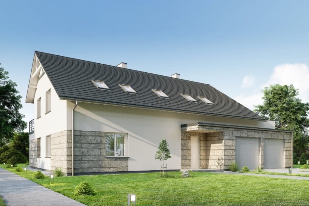 Projekt domu Clastra 2 tech. L-6750 tech., jednorodzinny dwulokalowy parterowy z poddaszem mieszkalnym, niepodpiwniczony, z garażem dwustanowiskowym - kolorystyka wersja 2