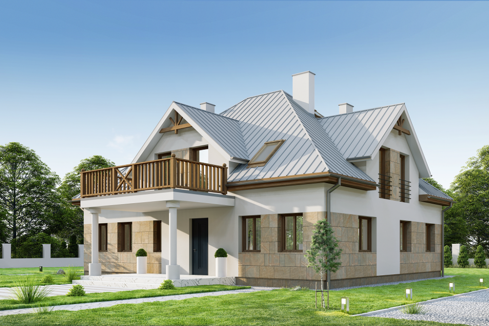Projekt domu Ebron 2 tech. L-6752 tech., dwulokalowy, parterowy z poddaszem użytkowym, niepodpiwniczony i bez garażu - kolorystyka wersja 3