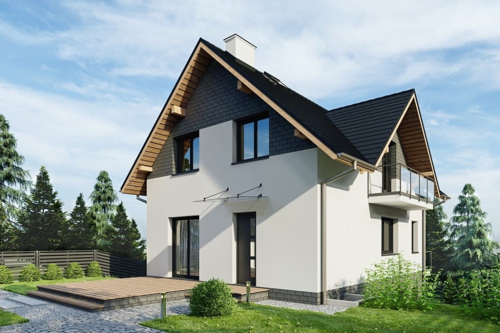 Projekt domu Cyrene tech. DM-6767 tech., parterowy z poddaszem użytkowym, piwnicą i garażem dwustanowiskowym - kolorystyka wersja 3