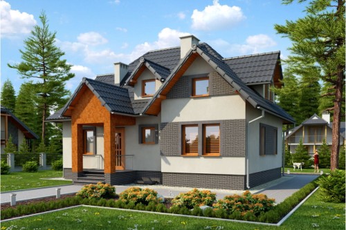 Projekt domu Przybyłów tech. DM-6262 tech., parterowy z poddaszem mieszkalnym, częściowo podpiwniczony - kolorystyka wersja 1