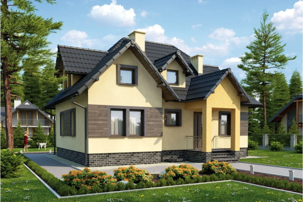 Projekt domu Pszenicznik tech. L-6262 tech., parterowy z poddaszem mieszkalnym, częściowo podpiwniczony - kolorystyka wersja 4
