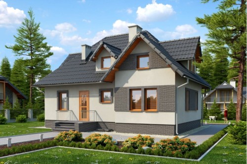 Projekt domu Przybyłów N tech. DM-6262 N tech., parterowy z poddaszem mieszkalnym, częściowo podpiwniczony - kolorystyka wersja 2