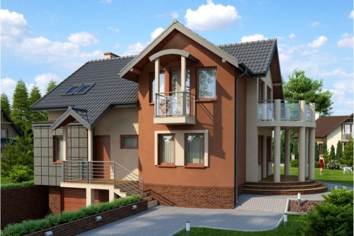 Projekt domu Grońsko tech. DM-6267 tech., parterowy z poddaszem mieszkalnym, częściowo podpiwniczony, z garażem - kolorystyka wersja 1