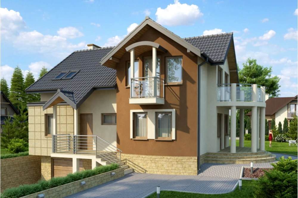 Projekt domu Grońsko tech. DM-6267 tech., parterowy z poddaszem mieszkalnym, częściowo podpiwniczony, z garażem - kolorystyka wersja 2