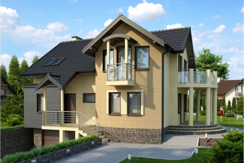 Projekt domu Grońsko tech. DM-6267 tech., parterowy z poddaszem mieszkalnym, częściowo podpiwniczony, z garażem - kolorystyka wersja 4