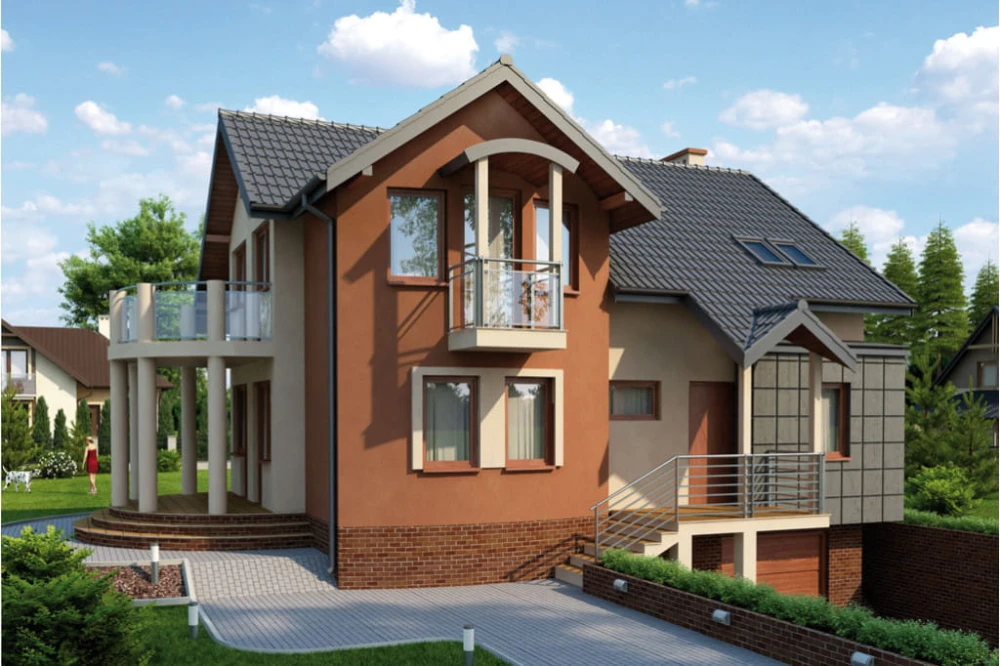 Projekt domu Samborzec tech. L-6267 tech., parterowy z poddaszem mieszkalnym, częściowo podpiwniczony, z garażem - kolorystyka wersja 1
