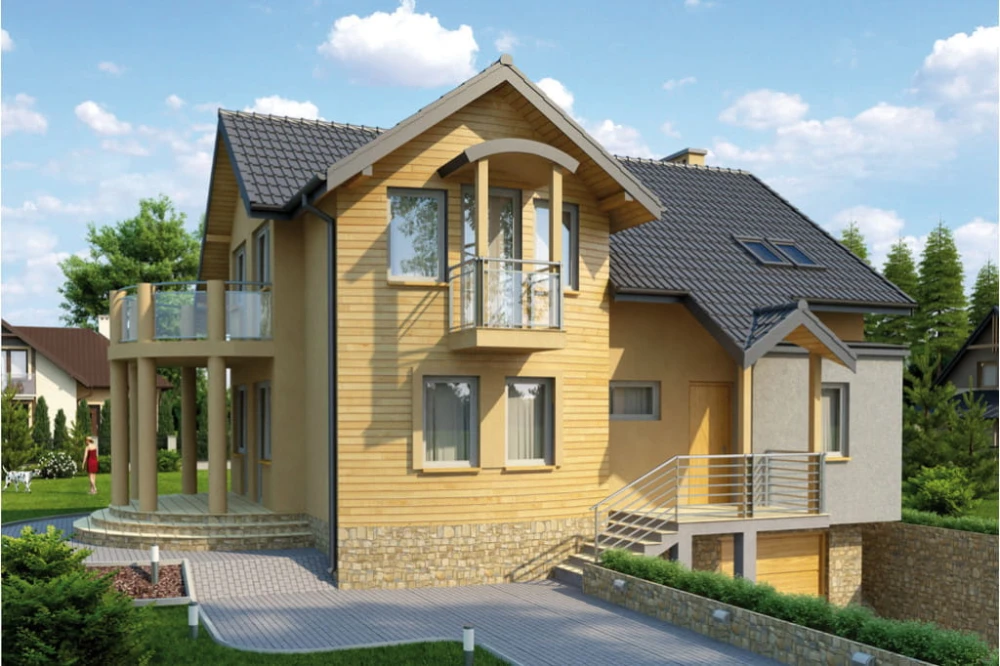 Projekt domu Samborzec tech. L-6267 tech., parterowy z poddaszem mieszkalnym, częściowo podpiwniczony, z garażem - kolorystyka wersja 3