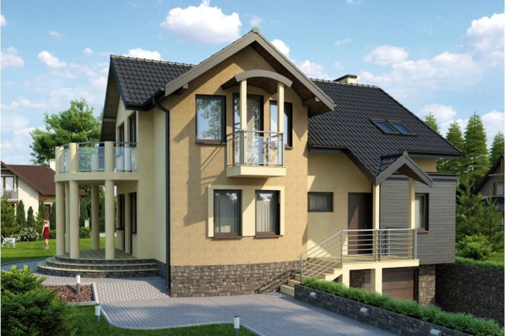 Projekt domu Samborzec tech. L-6267 tech., parterowy z poddaszem mieszkalnym, częściowo podpiwniczony, z garażem - kolorystyka wersja 4