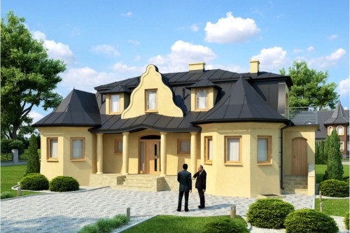 Projekt domu Kuznocin tech. DM-6270 tech., parterowy z poddaszem mieszkalnym, z garażem, częściowo podpiwniczony - kolorystyka wersja 2