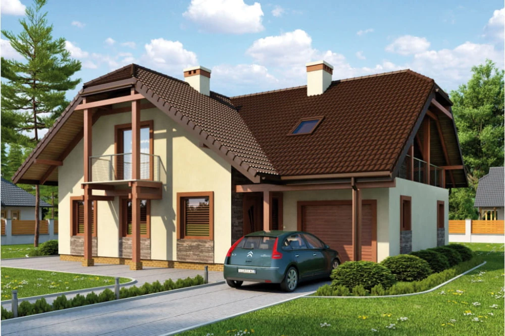 Projekt domu Taciszów tech. L-6269 tech., parterowy z poddaszem mieszkalnym, z garażem, bez podpiwniczenia - kolorystyka wersja 3