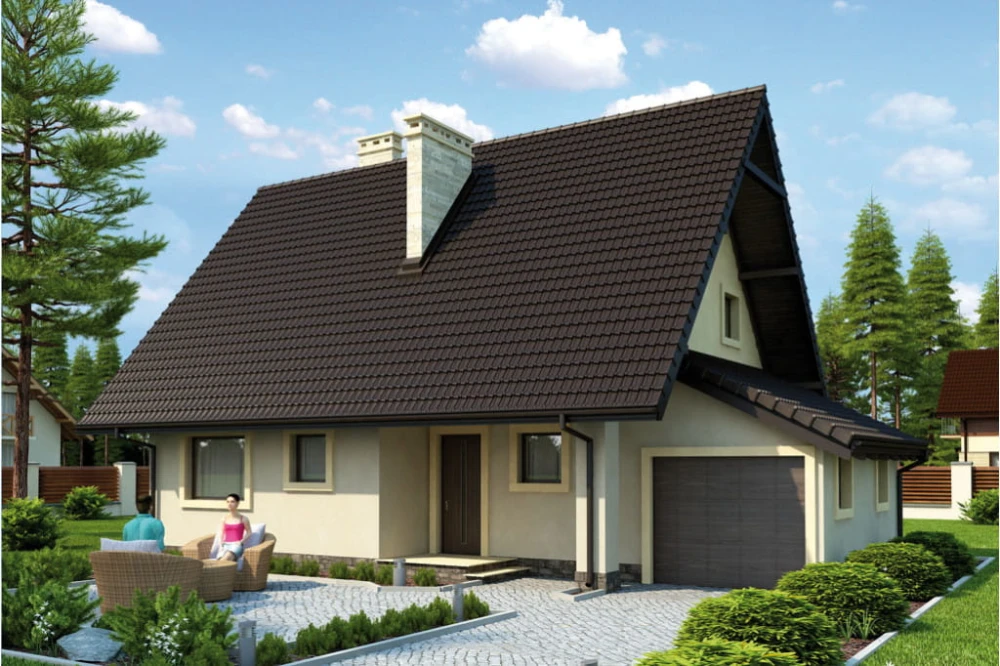 Projekt domu Gruszewo tech. DM-6271 tech., parterowy z poddaszem mieszkalnym, częściowo podpiwniczony - kolorystyka wersja 4