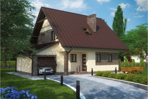 Projekt domu Wisełka tech. L-6277 tech., parterowy z garażem, z poddaszem mieszkalnym, częściowo podpiwniczony - kolorystyka wersja 2