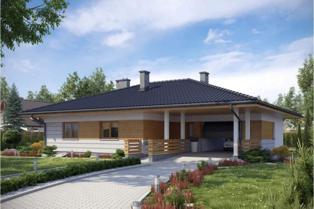 Projekt domu Biedrzychów tech. L-6278 tech., parterowy z garażem, bez podpiwniczenia, przystosowany dla osób niepełnosprawnych - kolorystyka wersja 1