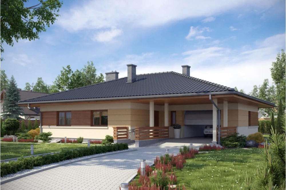 Projekt domu Biedrzychów tech. L-6278 tech., parterowy z garażem, bez podpiwniczenia, przystosowany dla osób niepełnosprawnych - kolorystyka wersja 4