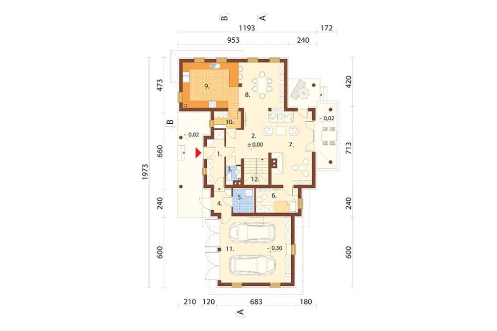 Projekt domu Pordoi Due L-6456, piętrowy, z garażem dwustanowiskowym, bez podpiwniczenia - rzut parteru