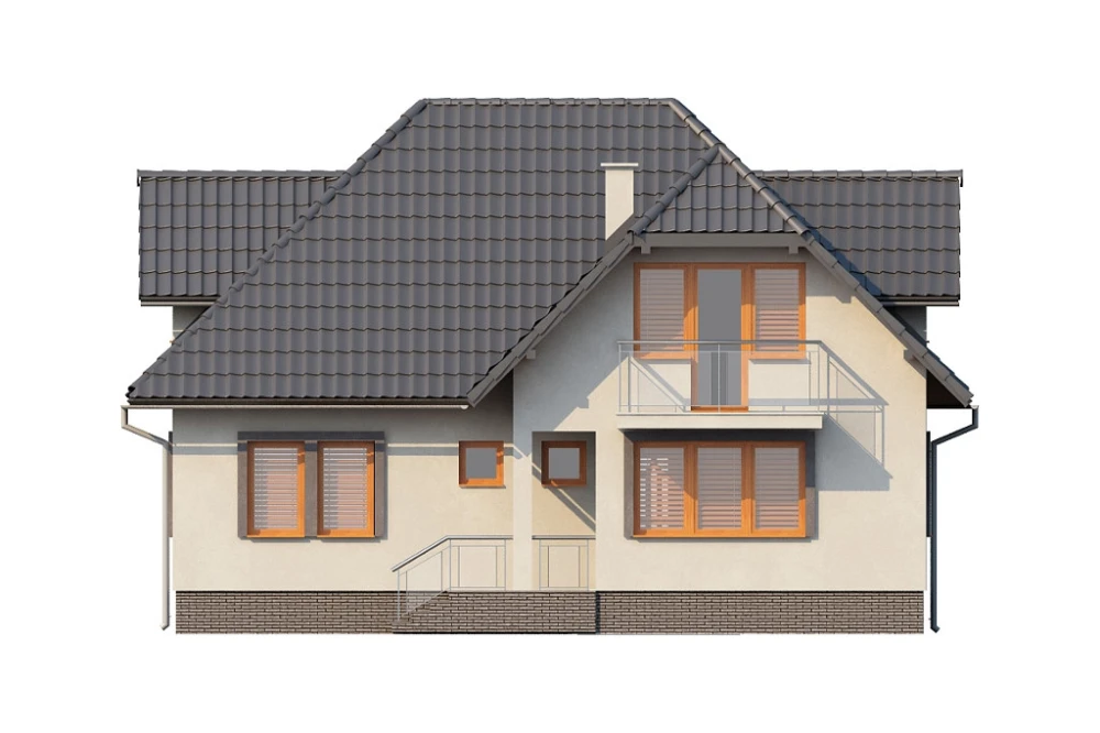 Projekt domu Przybyłów N DM-6262 N, parterowy z poddaszem mieszkalnym, częściowo podpiwniczony - elewacja ogrodowa