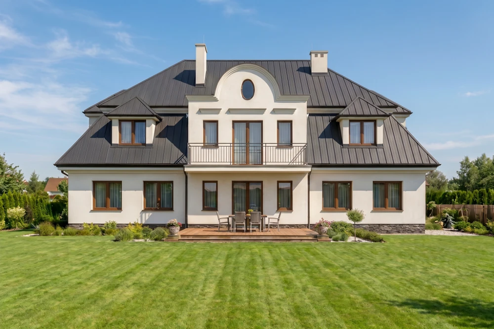 Projekt domu Frombork L-6281, piętrowy z poddaszem mieszkalnym, z dwoma garażami, bez podpiwniczenia -  wizualizacja elewacji ogrodowej