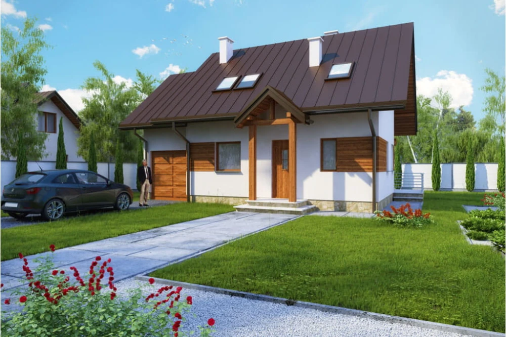 Projekt domu Strzelczyn tech. DM-6183 tech., parterowy z poddaszem mieszkalnym, bez podpiwniczenia - kolorystyka wersja 1
