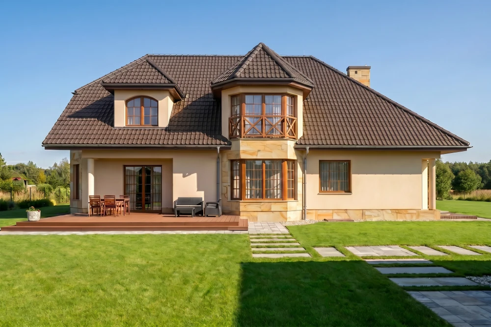 Projekt domu Sewerynów tech. DM-6188 tech., parterowy z poddaszem użytkowym, jednorodzinny, tradycyjny, bez podpiwniczenia, z garażem dwustanowiskowym - wizualizacja elewacji lewej