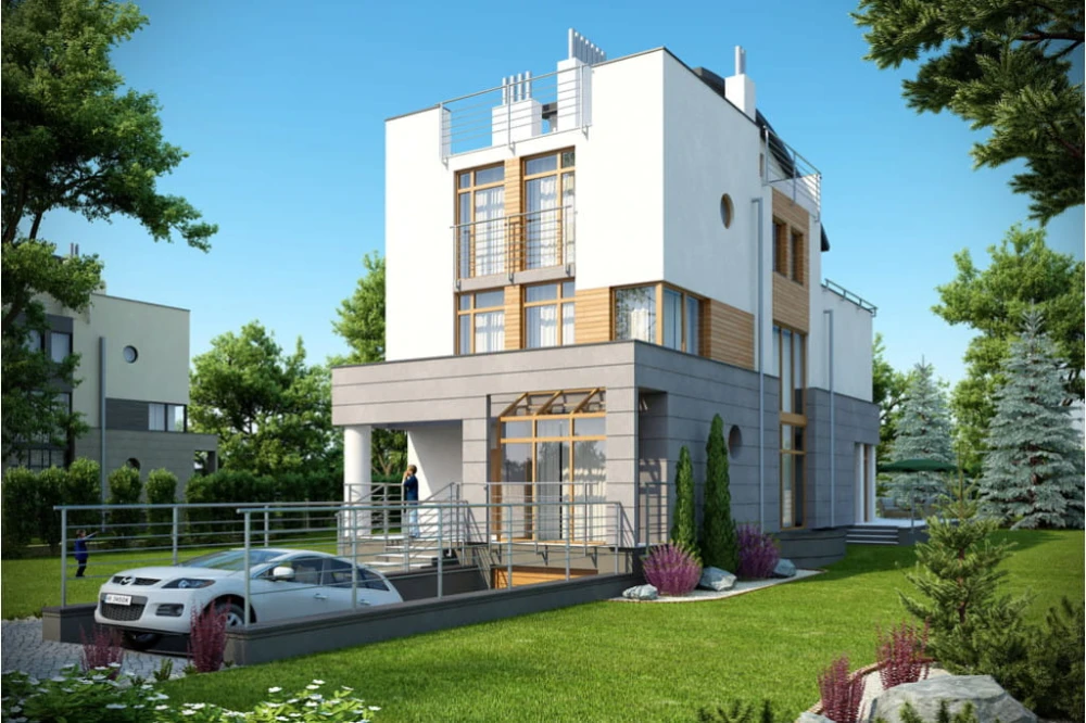 Projekt domu Okszów tech. DM-6195 tech., trzypiętrowy, podpiwniczony z garażem - kolorystyka wersja 1