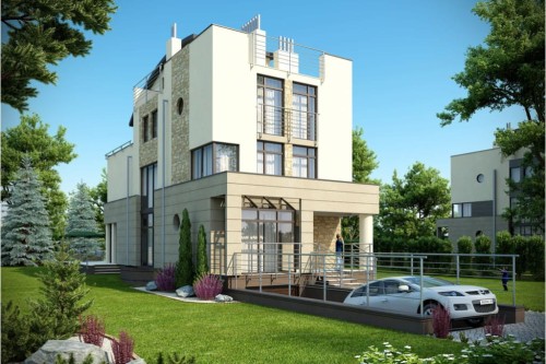 Projekt domu Okszów 2 tech. L-6195 tech., trzypiętrowy, podpiwniczony z garażem - kolorystyka wersja 2