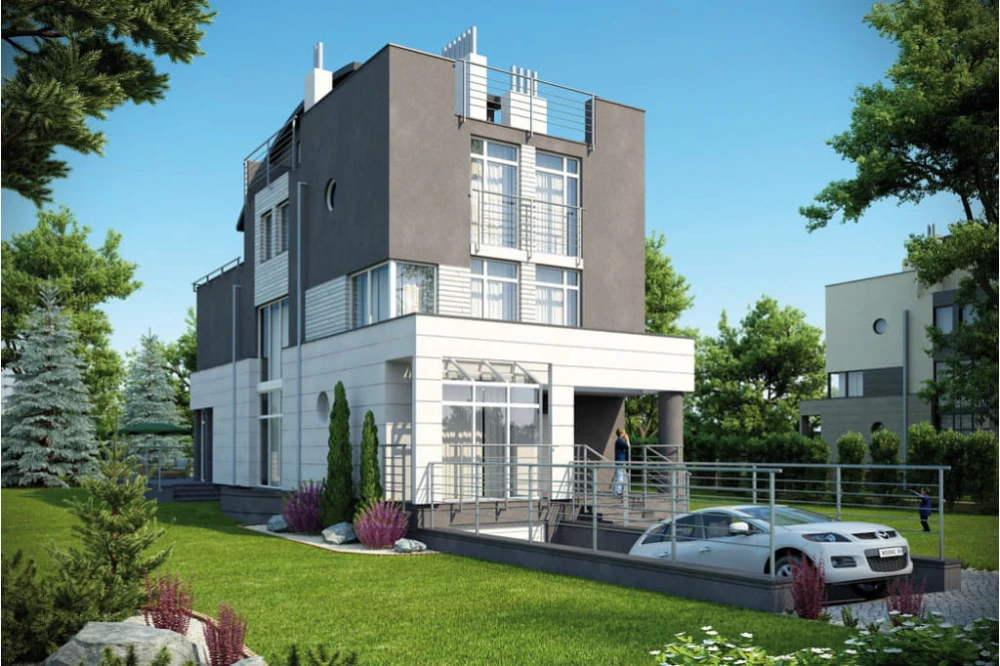 Projekt domu Okszów 2 tech. L-6195 tech., trzypiętrowy, podpiwniczony z garażem - kolorystyka wersja 4
