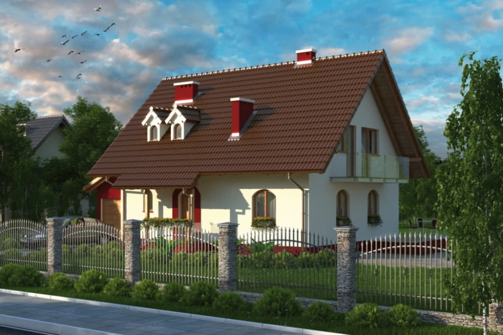 Projekt domu Zakliczyn tech. L-6006 tech., parterowy z użytkowym poddaszem, z garażem jednostanowiskowym, niepodpiwniczony - kolorystyka wersja 2