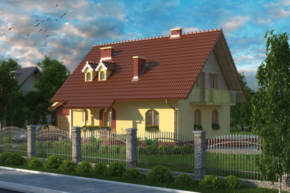 Projekt domu Zakliczyn tech. L-6006 tech., parterowy z użytkowym poddaszem, z garażem jednostanowiskowym, niepodpiwniczony - kolorystyka wersja 3