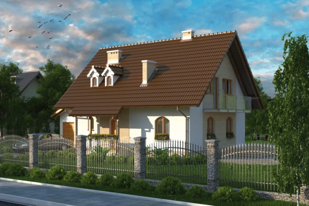 Projekt domu Zakliczyn tech. L-6006 tech., parterowy z użytkowym poddaszem, z garażem jednostanowiskowym, niepodpiwniczony - kolorystyka wersja 4