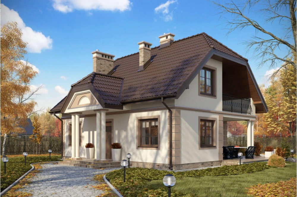 Projekt domu Trzemeszno tech. DM-6214 tech.,  parterowy z poddaszem mieszkalnym, częściowo podpiwniczony - kolorystyka wersja 4