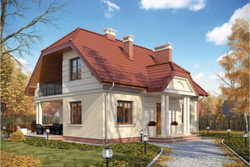 Projekt domu Rosławice tech. L-6214 tech.,  parterowy z poddaszem mieszkalnym, częściowo podpiwniczony - kolorystyka wersja 1