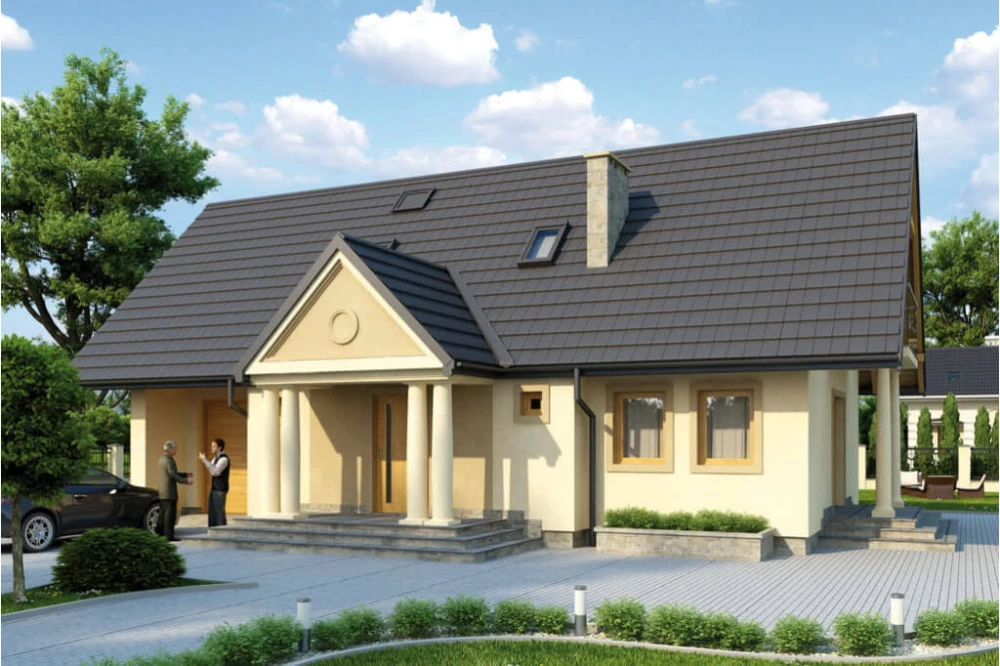 Projekt domu Helenówka tech. L-6216 tech., parterowy, z garażem, z poddaszem mieszkalnym, bez podpiwniczenia - kolorystyka wersja 2