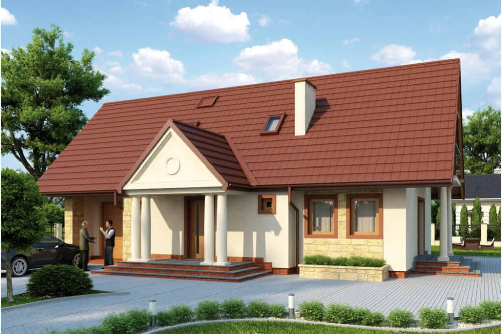 Projekt domu Helenówka tech. L-6216 tech., parterowy, z garażem, z poddaszem mieszkalnym, bez podpiwniczenia - kolorystyka wersja 3