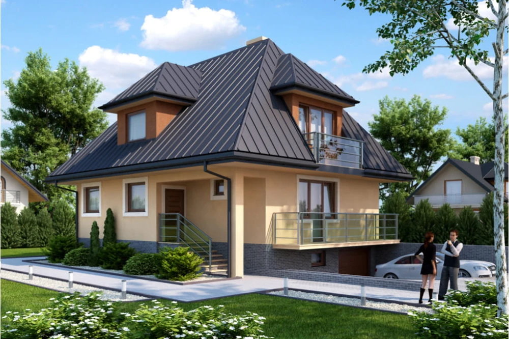 Projekt domu Rogalin tech. L-6217 tech., parterowy z poddaszem mieszkalnym, częściowo podpiwniczony z garażem - kolorystyka wersja 1