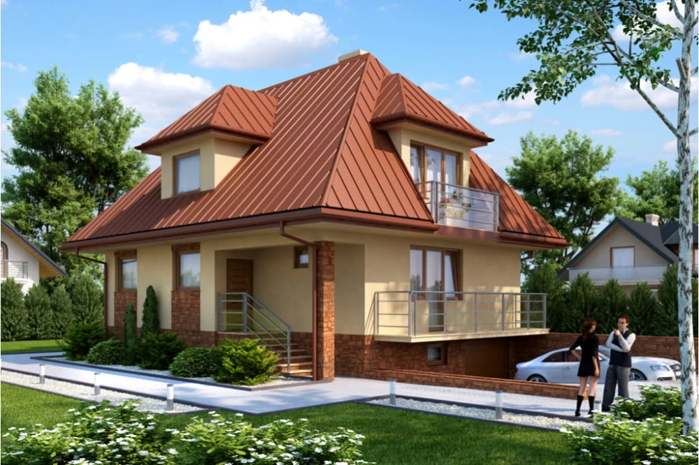 Projekt domu Rogalin tech. L-6217 tech., parterowy z poddaszem mieszkalnym, częściowo podpiwniczony z garażem - kolorystyka wersja 4