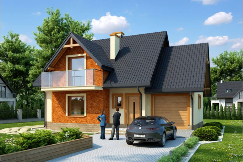 Projekt domu Grodkowo tech. DM-6218 tech., parterowy z poddaszem mieszkalnym, częściowo podpiwniczony, z garażem - kolorystyka wersja 4