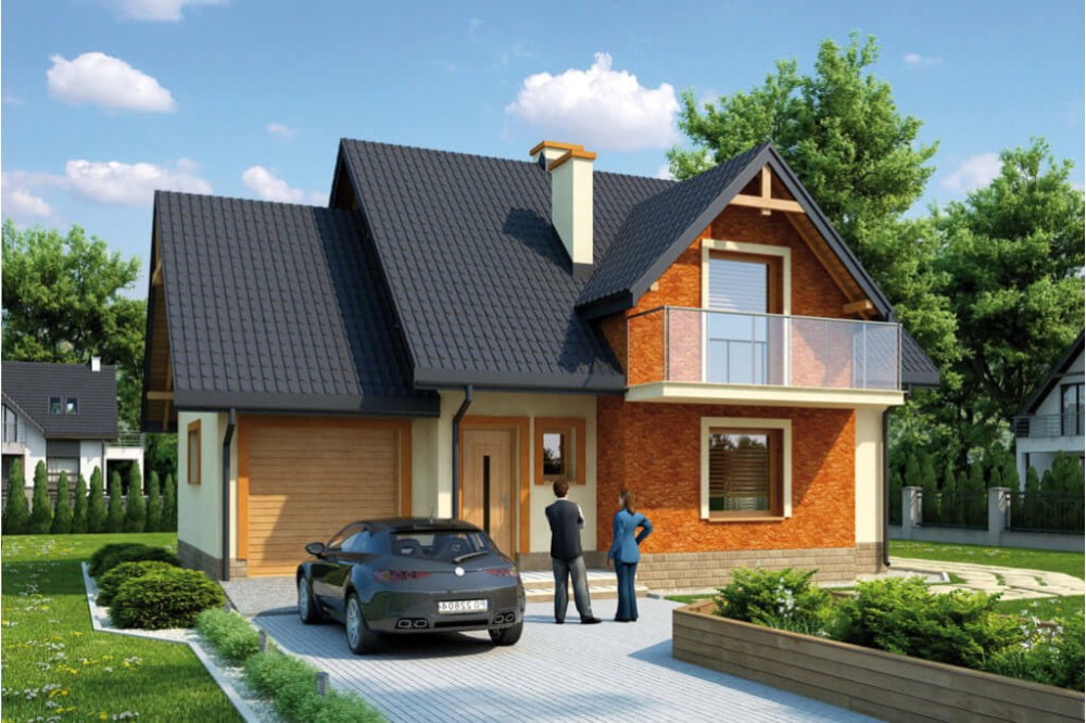 Projekt domu Piotrkowice tech. L-6218 tech., parterowy z poddaszem mieszkalnym, częściowo podpiwniczony, z garażem - kolorystyka wersja 4