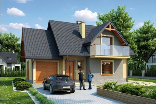 Projekt domu Piotrkowice tech. L-6218 tech., parterowy z poddaszem mieszkalnym, częściowo podpiwniczony, z garażem - kolorystyka wersja 2
