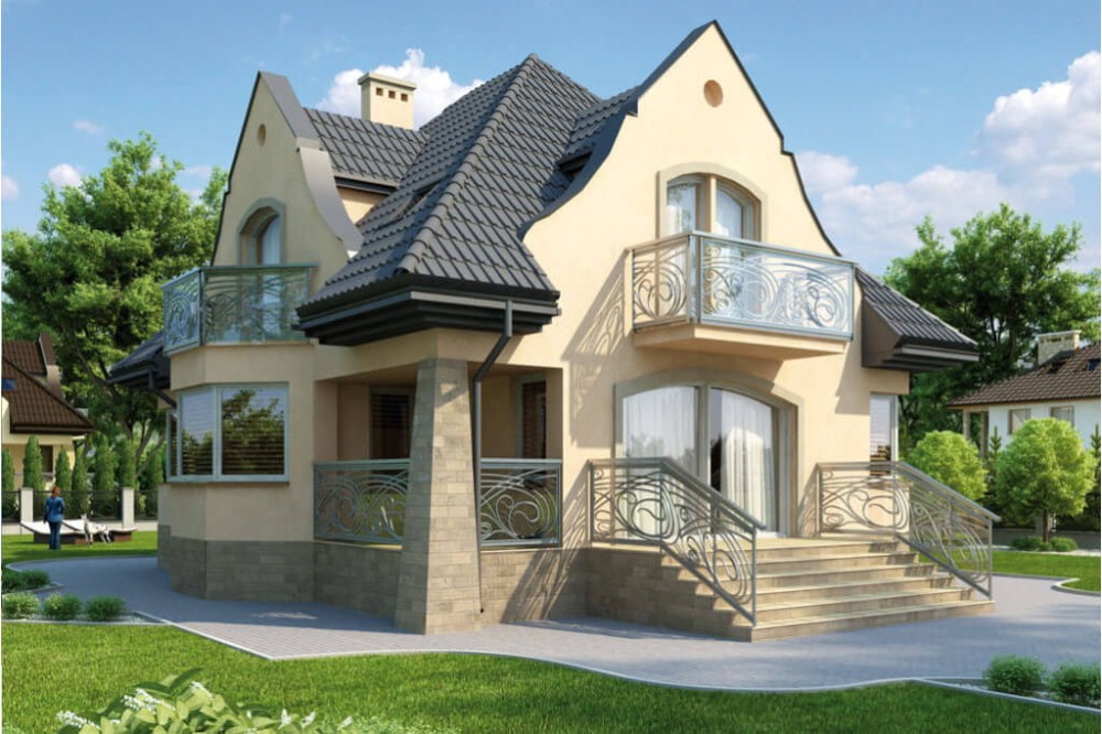Projekt domu Nieborzyn tech. L-6219 tech., parterowy z poddaszem mieszkalnym, częściowo podpiwniczony - kolorystyka wersja 2
