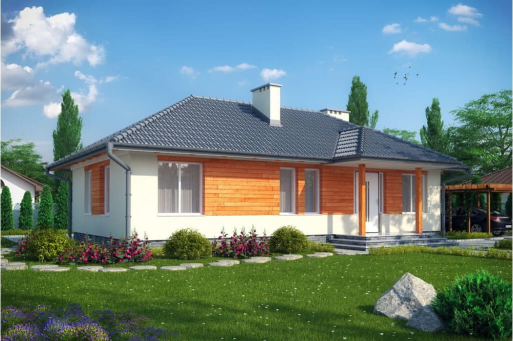 Projekt domu Danielów tech. DM-6191 tech., parterowy, częściowo podpiwniczony - kolorystyka wersja 2