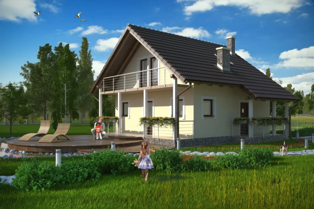 Projekt domu Krasiczyn B tech. DM-6223 B tech., parterowy z poddaszem mieszkalnym, podpiwniczony - kolorystyka wersja 1