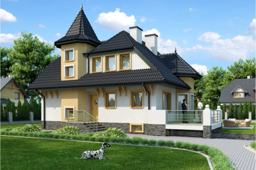 Projekt domu Litwinowicze tech. DM-6224 tech., parterowy z poddaszem mieszkalnym, częściowo podpiwniczony z garażem - kolorystyka wersja 1