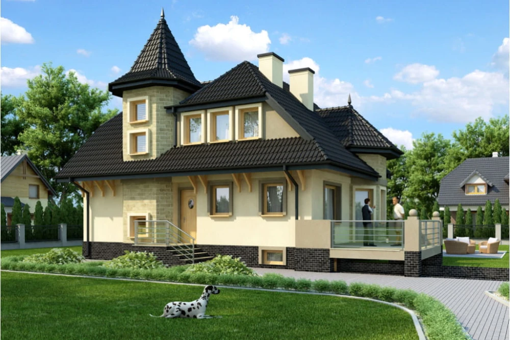 Projekt domu Litwinowicze tech. DM-6224 tech., parterowy z poddaszem mieszkalnym, częściowo podpiwniczony z garażem - kolorystyka wersja 2
