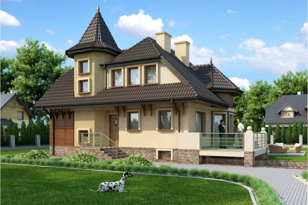 Projekt domu Litwinowicze tech. DM-6224 tech., parterowy z poddaszem mieszkalnym, częściowo podpiwniczony z garażem - kolorystyka wersja 3