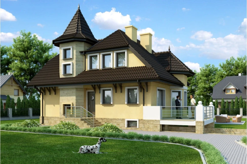 Projekt domu Litwinowicze tech. DM-6224 tech., parterowy z poddaszem mieszkalnym, częściowo podpiwniczony z garażem - kolorystyka wersja 4