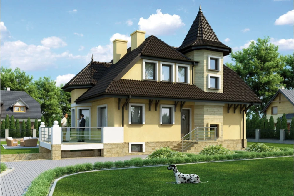 Projekt domu Krutyń tech. L-6224 tech., parterowy z poddaszem mieszkalnym, częściowo podpiwniczony z garażem - kolorystyka wersja 4