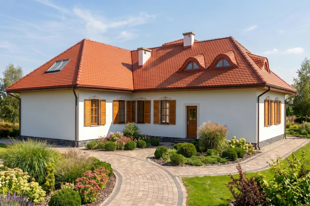 Projekt domu Dobieszewo 2 L-6133, parterowy z użytkowym poddaszem, z garażem dwustanowiskowym, niepodpiwniczony - wizualizacja elewacji ogrodowej
