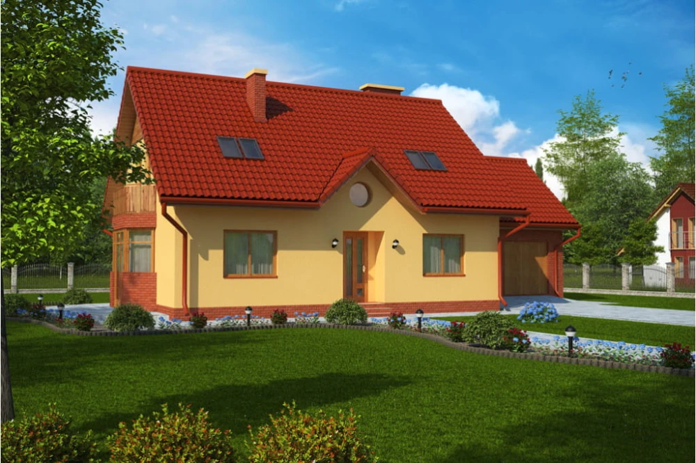 Projekt domu Tarnogóra tech. DM-6124 tech., parterowy z poddaszem użytkowym, garażem dwustanowiskowym, częściowo podpiwniczony - kolorystyka wersja 4